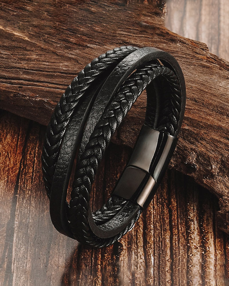 Amazon.com: LJWVX Men's Leather Bracelet Black Multilayer Leather Braided  Wrist Cuff Accessory Stainless Steel Clasp Men Jewelry Gift for Dad:  Clothing, Shoes & Jewelry